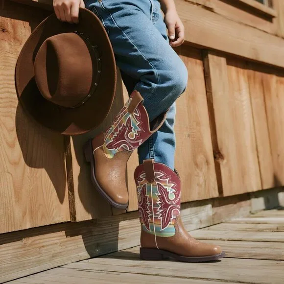 ⚡Girls Brown Multi Cowboy Boots Toddler Mid Calf Western Square Toe Riding Boot